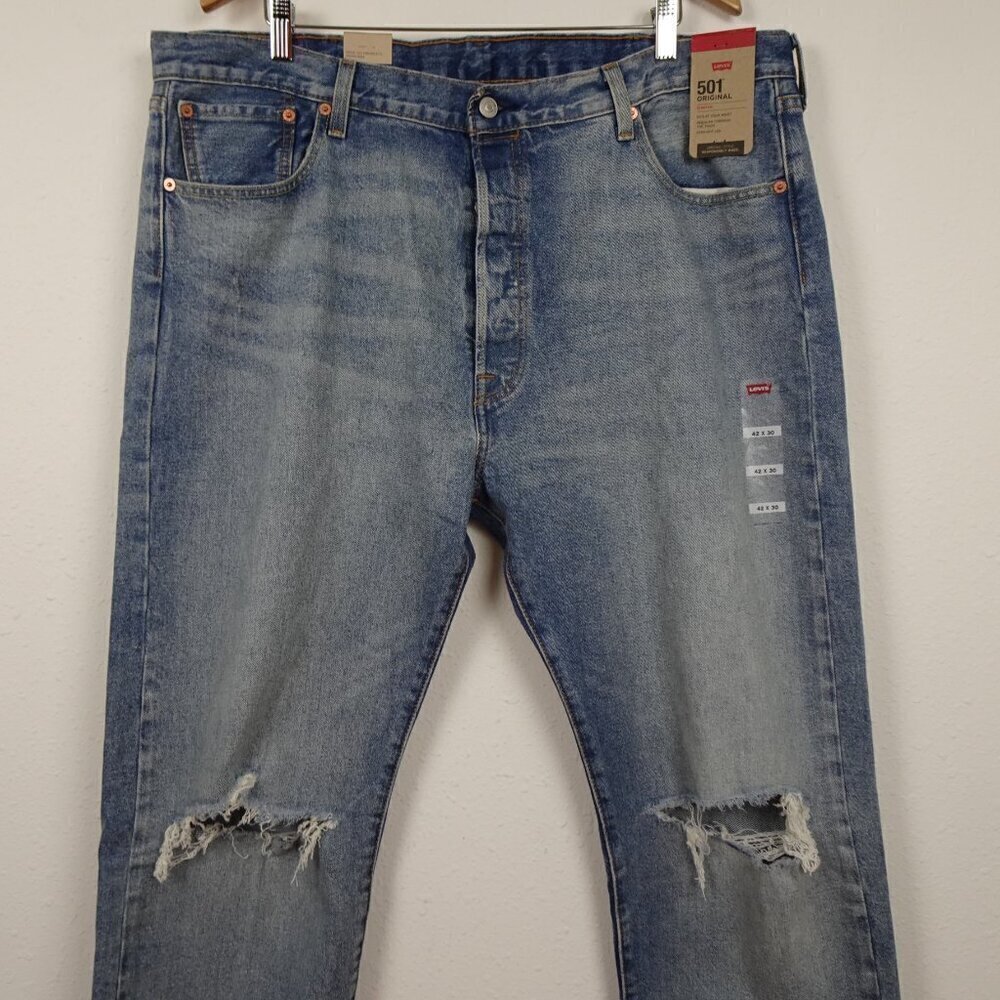 Levi's 501 Jeans Men's Size 42x30 Blue Denim Button Fly Stretch Distressed - Picture 2 of 10